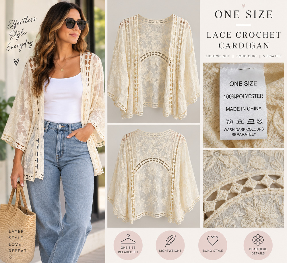 Cream Floral Lace Crochet Open Front Kimono Cardigan One Size
